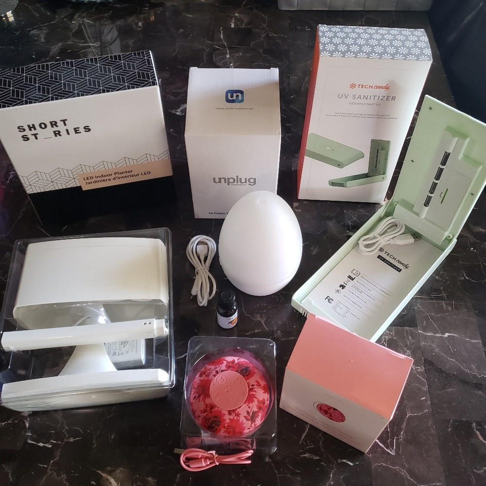4 Fab Fit Fun Items - shower speaker,  LED planter, UV sanitizer, light diffuser